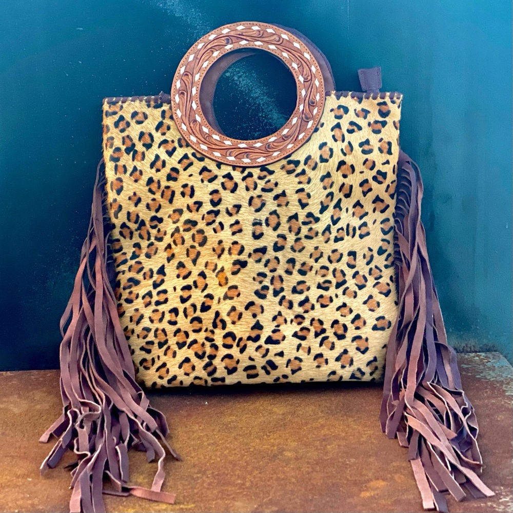 Leopard Tooled Leather Handle Fringe Purse
